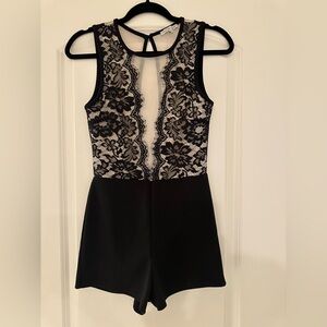 Charlotte Russe, Black and Nude One Piece Lace Romper with Cut-Out Back, Size S